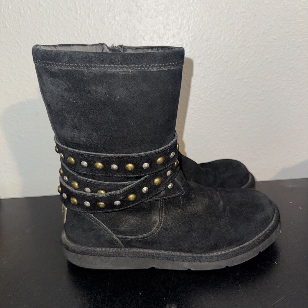UGG Moto Harness Booties Black Suede Fleece Lined Flat Zip Boots Size 6 / 37